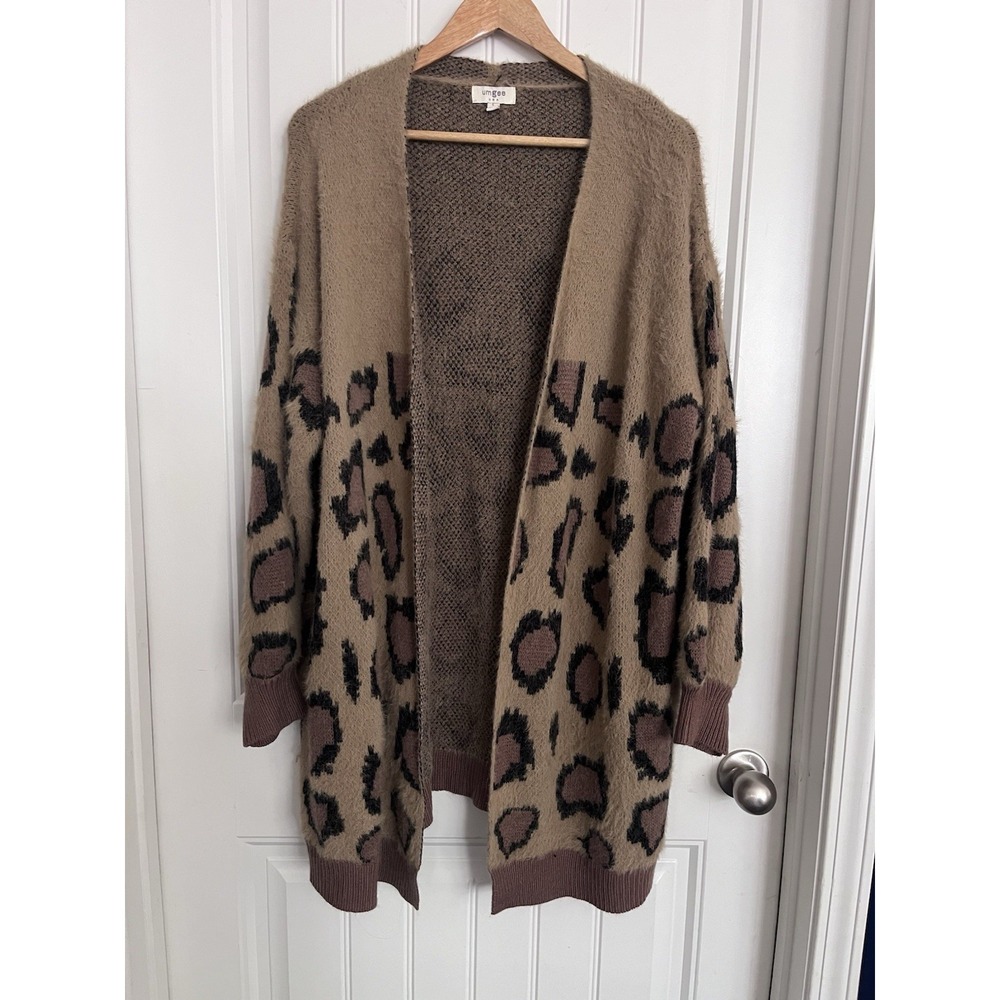 UMGEE Cardigan Sweater Womens Animal Print Long Open Fuzzy‎ Knit Large BB